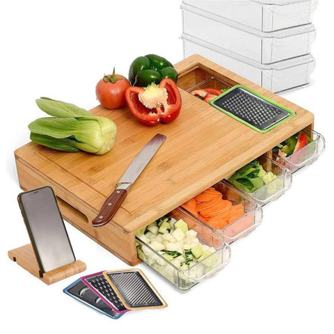 CARLA HOME Large Bamboo Cutting Board and 4 Containers with Mobile Holder gift included for Home LSB-36021