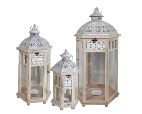Set 3 Wooden Lantern w White Metal Top 76cm V637-DCO36904