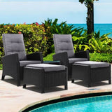 Gardeon 5PC Recliner Chairs Table Sun lounge Wicker Outdoor Furniture Adjustable Black ODF-RECLINER-CHOTTB-5BK