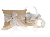 7 * 7 inches Vintage Burlap Lace Bowknot Ring Bearer Pillow and Rustic Wedding Flower Girl Basket V1294-YM0901-H19356