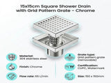 15x15cm Square Shower Drain with Grid Pattern Grate 304 SS, CUPC Certified with Hair Strainer V63-955591