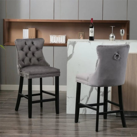 2X Velvet Bar Stools with Studs Trim Wooden Legs Tufted Dining Chairs Kitchen V226-SW1802GY
