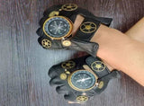 Steampunk Compass Half - Finger Gloves Pure Sheepskin with Gear Decor, Retro Mechanical Style, V1232-PKST002