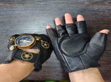 Steampunk Compass Half - Finger Gloves Pure Sheepskin with Gear Decor, Retro Mechanical Style, V1232-PKST001