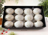 Vintage Embossed Christmas Baubles 8cm, 12 Pack White Gold Ornaments, Retro Relief Pattern Tree V1221-XM-LB2790-GM111