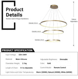 BAMDECOR 18801 Modern LED Chandelier, Dimmable Pendant Light with Remote Control Rings Round Ceiling V255-BAM-18801/3-GOLD