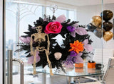 Halloween Skull Wreath, Gothic Skeleton Rose Wreath with Black Glitter, Spooky Front Door Decoration V1366-AZ2-W-23592