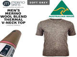 MERINO SKINS Mens Classic V-Neck Tee Wool Thermal T-Shirt Short Sleeve - Soft Grey Marle V563-MS-CLA-MVNTEE-SGRY-XS