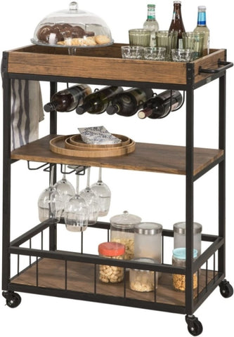 Industrial Vintage Style Wood Metal 3 Tiers Kitchen Serving Trolley with Wine Rack V178-88889