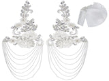 1 Pair White Beaded Rhinestone Applique, Sew-On Epaulettes with Crystal Chain Tassels, Elegant V1369-AZ3-W-08806