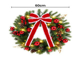 Jingle Jollys 60cm Pre-lit Christmas Wreath Garlands LED Light Front Door Decor Bow XM-WRE-BOWTIE-2FT-RD-LED
