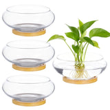 4PCS Lotus Bowl Planters with Wood Trays, 6" Round Glass Vase for Hydroponics, Fish Bowl Design, V1369-AZ3-W-08770