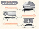 3-in-1 Adjustable Height Baby Bassinet Crib with Mosquito Net and Storage Basket in Grey V178-59240