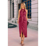 Women's Satin Evening Dress Sleeveless Backless Formal Wedding Guest Gown Wine red XL V1370-AZ4-11777