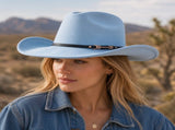 Western Cowboy Hat - Sky Blue Wide Brim Cowboy Hat with Leather-Look Band, Metal Rivet and Square V888-ELOSUNG57114-5