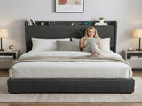 Artiss King Bed Frame Gas Lift Storage Bed with Charging Ports Upholstered Geometric Headboard BFRAME-G-MORFEI-K-BK-ABC