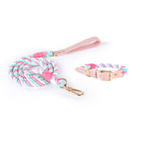 Pink Hand-Woven Rainbow Cotton Rope Dog Leash and Collar Set - Adjustable Veg-Tanned Leather Trim V888-ELOSUNG18429