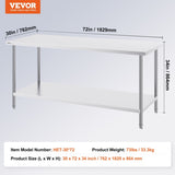 Stainless Steel Prep Table, 30 x 72 x 34 Inch, Heavy Duty Metal Worktable with 3 Adjustable Height V952-CFBXGGZTLCWJS66RVV0