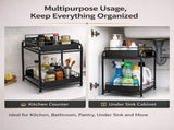 2 Tier Under Sink Storage Rack Kitchen Organizer Steel Frame with Removable Baskets & Suction Feet V324-HO-UNDSINKRACK-BK