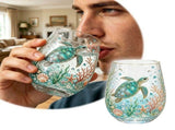 Hand Painted Sea Turtle Stemless Wine Glass, Gold Rim Underwater Marine Decor Tumbler Cup for Water V1369-AZ3-W-14742