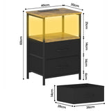 Black and Brown Nightstand with LED Light, Charging Station, and Storage - 60x40cm V178-59300