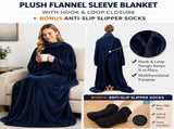 Winter Cozy Warm Loungewear Gift Set 170 200CM Navy Blue Flannel Fleece Wearable Blanket with V888-ELOSUNG52556