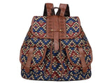 Lozenge Pattern Bohemian Style Canvas Backpack - Vintage Tribal Pattern Travel Bag with Leather V888-ELOSUNG12567