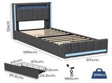 Levede Single Bed Frame Fabric Storage Drawer LED USB BF1068-S