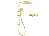 Brushed Gold Twin Shower Set 8" Round Head 3 Modes Handheld Sliding Rail Arm Classic Mixer V1233-S4902ABGHR002M4CGKSR108GKCR201BG