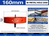 160mm Bi-Metal M42 High Speed Steel Hole Saw with Pilot Drill Bit, Smooth Cutting Edge for PVC, V1107-147-39978