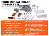 Mechanics Tool Set and Socket Set 1/4in 3/8in Drive 145 Pcs SAE and Metric V952-JXGJTZ1438SAEUVL7V0