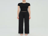 Size S Womens Two Piece Lounge Set - Short Sleeve Crop Top and High Waisted Wide Leg Pants - Casual V888-ELOSUNG57323-1