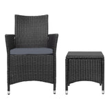 Gardeon 3PC Outdoor Bistro Set Patio Furniture Wicker Chairs Table Cushion All Black ODF-BISTRO-RATTAN-S-BK