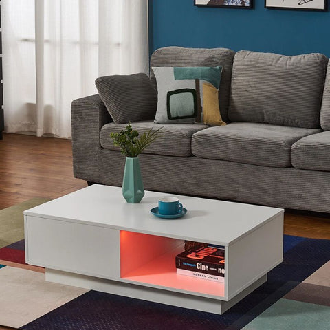 LED High Gloss Top White Coffee Table With Single Drawer V195-CT950-LED