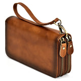 Vegetable Tanned Distressed Top Grain Leather Double Zip Long Wallet, Vintage Genuine Leather V1232-SNB-NS-003