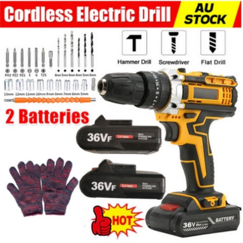 36VF BRUSHLESS HEAVY DUTY CORDLESS DRILL IMPACT DRIVER KIT HAMMER +2 BATTERY Box V201-DRIL0048VF8AU