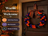 Halloween Artificial Front Door Wreath with Bats, Ribbon Bow and Ornaments, Reusable Hanging V1366-AZ2-W-16024