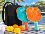 Fiberglass Pickleball Paddle Set - Turquoise Blue and Orange Swirl Design, 2 Paddles with 4 V888-ELOSUNG57468