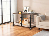 Anti-Bite Glass Indoor Dog Cage - Modern Furniture Style Dog Kennel End Table with Lockable Wheels V767-P-XGB-12M