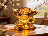 Sunflower Highland Cow Lamp, Stained Glass Style Resin Table Lamp, Warm Night Light for Bedroom, V1366-AZ2-W-16700
