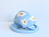 Ceramic Coffee Mug, White and Blue Floral Handpainted Stoneware Tea Cup with Handles, Microwave, V1370-AZ4-06311