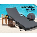 Gardeon 2PC Sun Lounge Wicker Lounger Outdoor Furniture Beach Chair Patio Adjustable Cushion Black FF-LOUNGE-ARM-BKX2