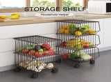 Movable Iron Storage Shelf 2 Layer Tier Drying Mesh Basket Metal Rack with Wheels Storing Fruit V1294-YM0901-H30831K