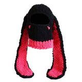 Women Girls 1-Hole Knit Hat Face Mask 3D Funny Bunny Ears Sweater Hat with Scarf Headwear-Winter V1192-AZ-W-10966