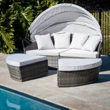 LONDON RATTAN 3PC Outdoor Daybed Patio Rattan Sofa Sun Lounge Furniture Grey Wicker Off White Canopy V219-FURODRLONADBG4