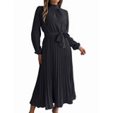 Women'S Long Sleeve Pleated Dress Casual Semi Formal Church Dress Mock Neck A Line Flowy Midi V1370-AZ4-10436