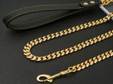 Premium Cuban Link Dog Leash with Genuine Leather Handle Heavy-Duty Stainless Steel Pet Walking V1341-ZY-V4WZ94XP-SILVER-120CM472IN