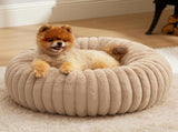 Calming Donut Pet Bed - Faux Rabbit Fur Soft Warm Round Cat Dog Bed - Plush Cozy Cuddler for Small V1258-DROP002-PETBED-01-BGE-L