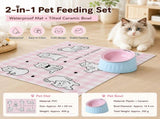 Pet Feeding Set - 15 Degree Tilted Ceramic Pink Bowl and Pink Non-Slip PVC Mat, Detachable Design, V888-ELOSUNG56040