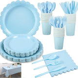 7-Piece Light Blue Scalloped Party Tableware Set for 25 Guests - Disposable Paper Plates 7 / 9 inch, V888-ELOSUNG52034